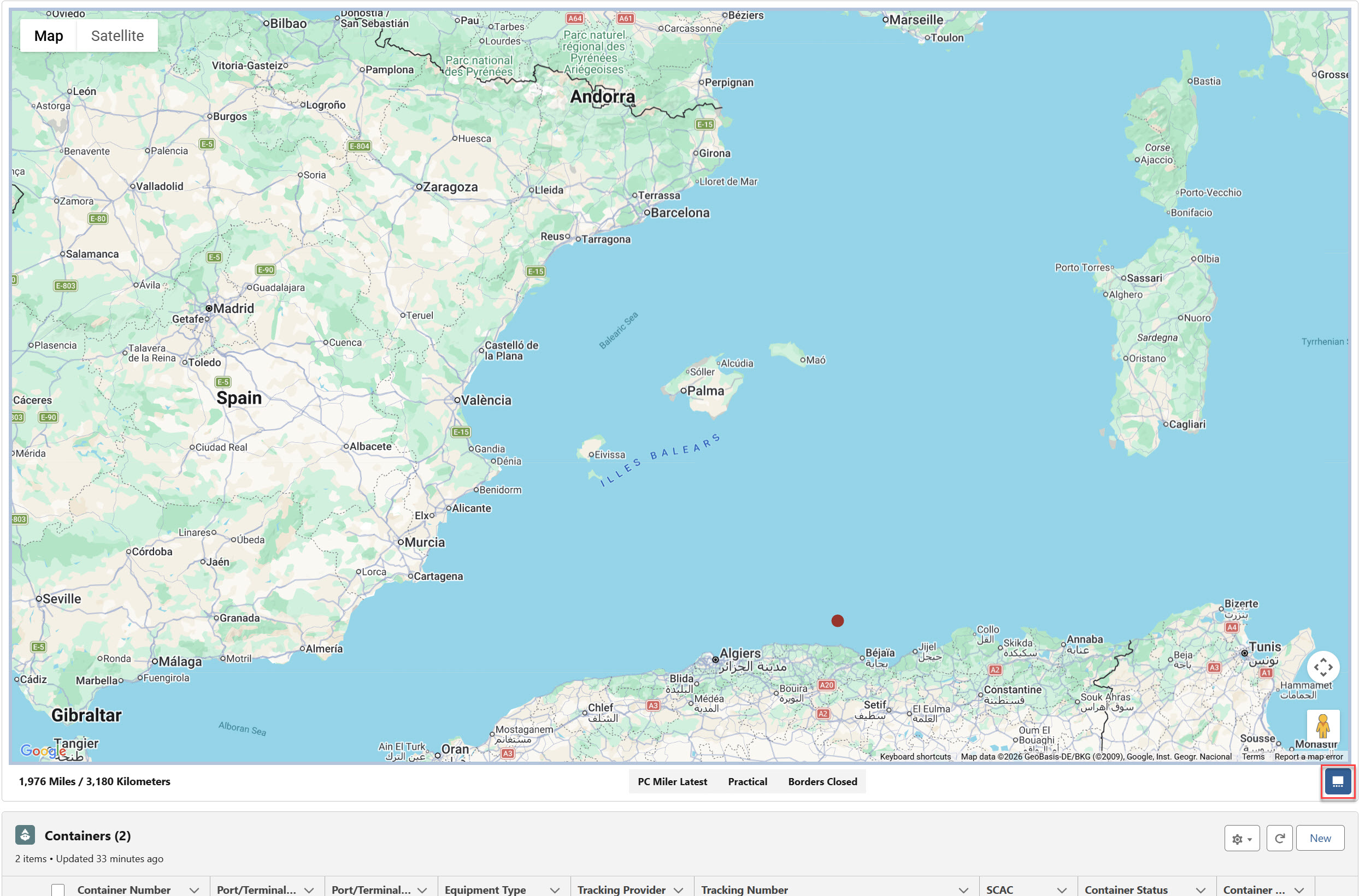 Load Map component showing the container location.